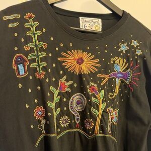 Vintage Swan Magic 100% Cotton Colorful Embroidered Long Sleeve T-Shirt Medium